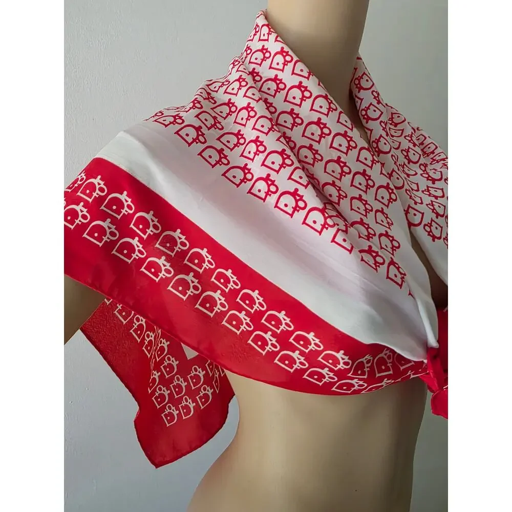 Christian Dior Red White CD Silk Printed Scarf